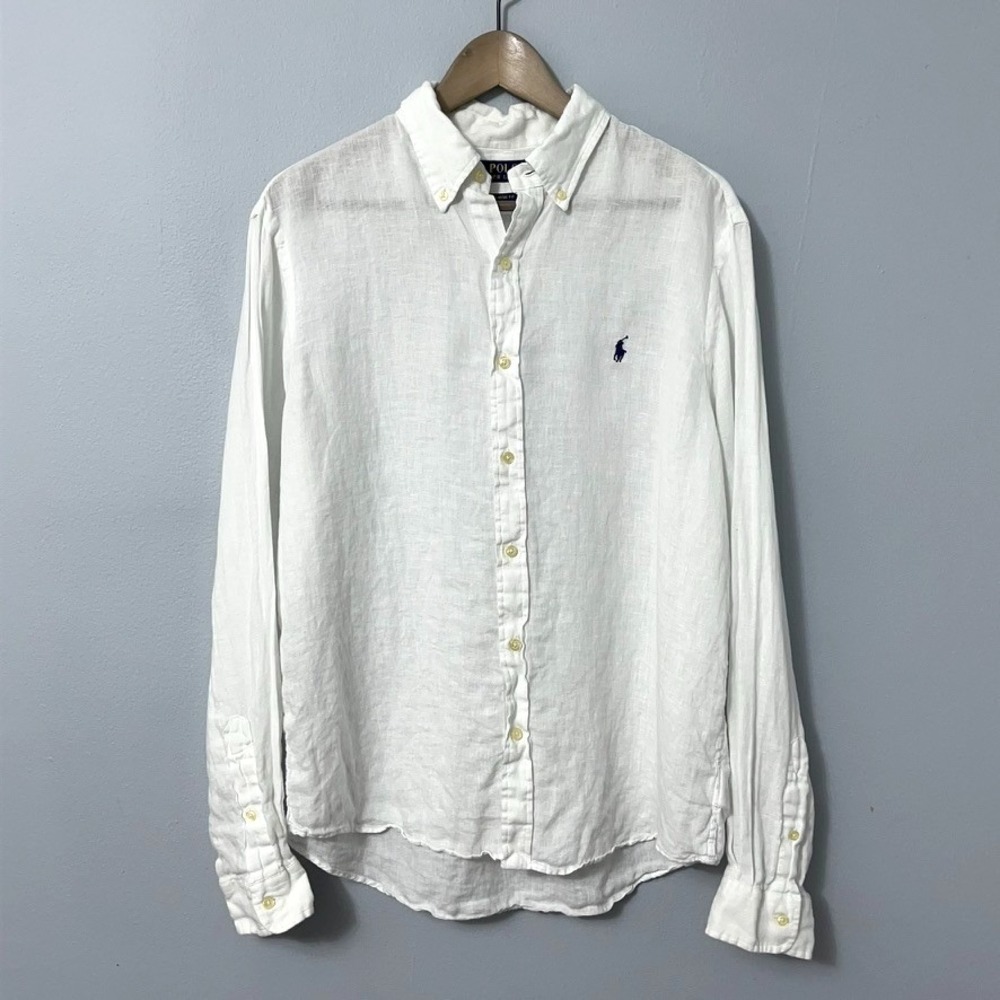 Polo Ralph Lauren White Linen Shirt Men Large Classic Fit Long Sleeve